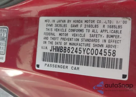 2000 Honda Prelude из США, поврежденный, VIN JHMBB6245YC004558